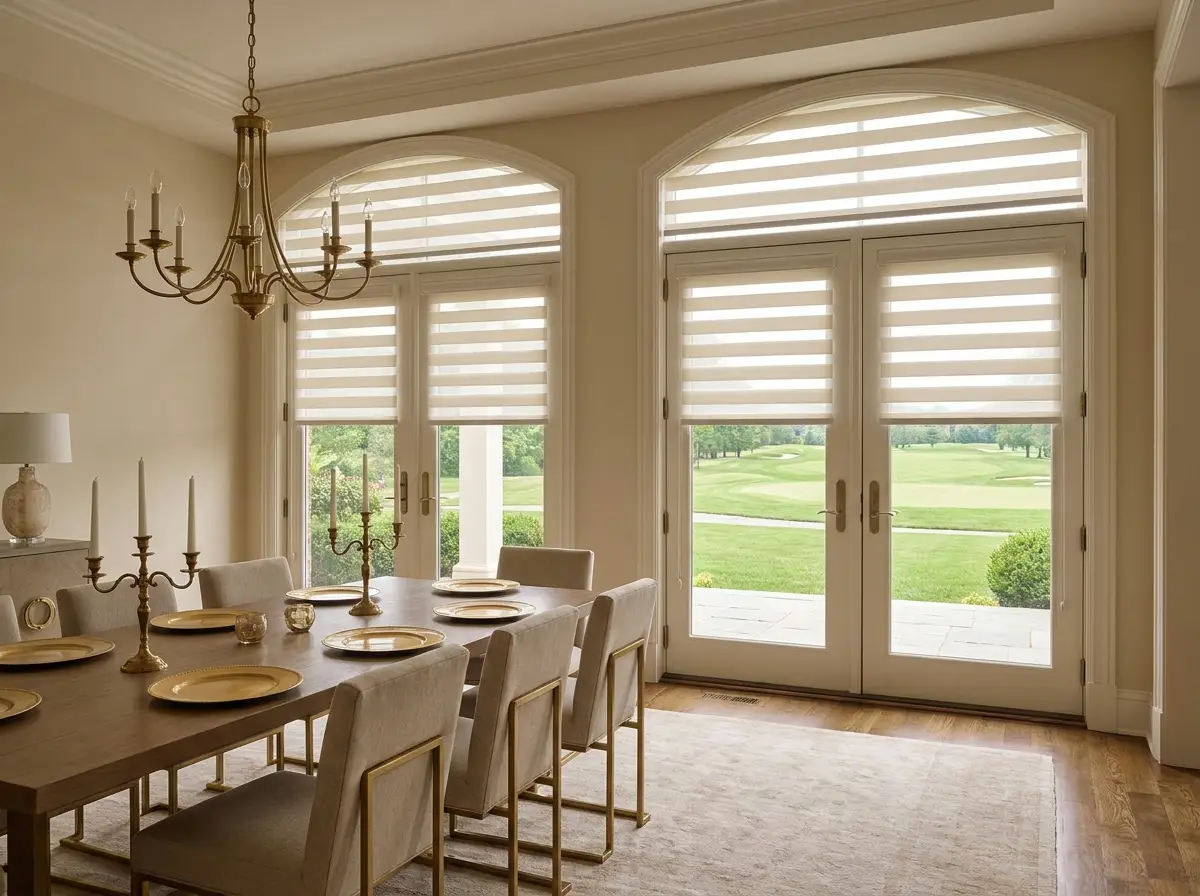 A day-night blind in a Val de Vie dining room, sheer and solid bands facing the fairway and lawns