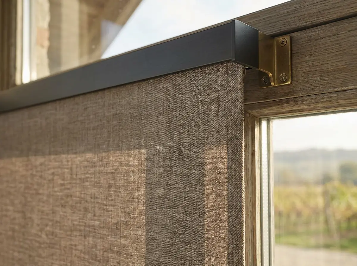 Close-up of blind fabric and hardware finish suited to a Franschhoek guesthouse or wine-estate suite