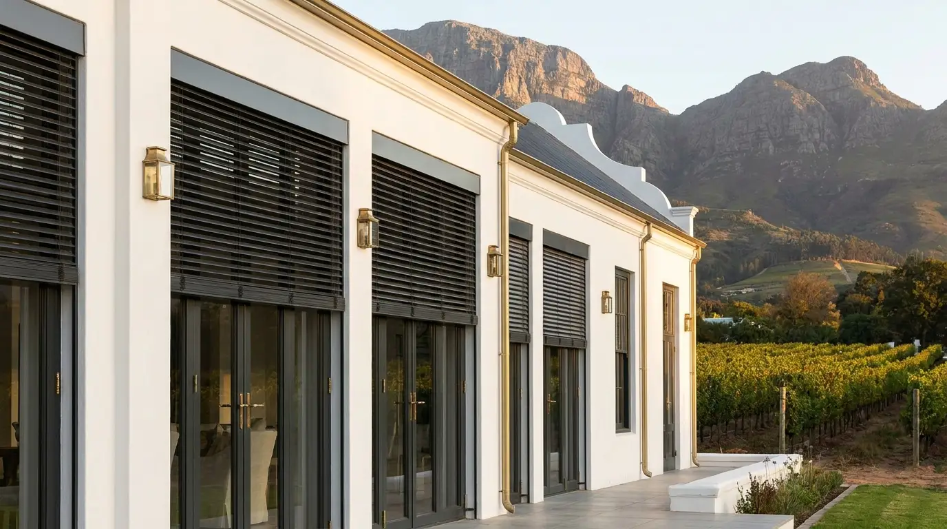 A whitewashed Groot Drakenstein homestead with motorised external venetian blinds, framed by vineyard rows and the Groot Drakenstein and Simonsberg mountains
