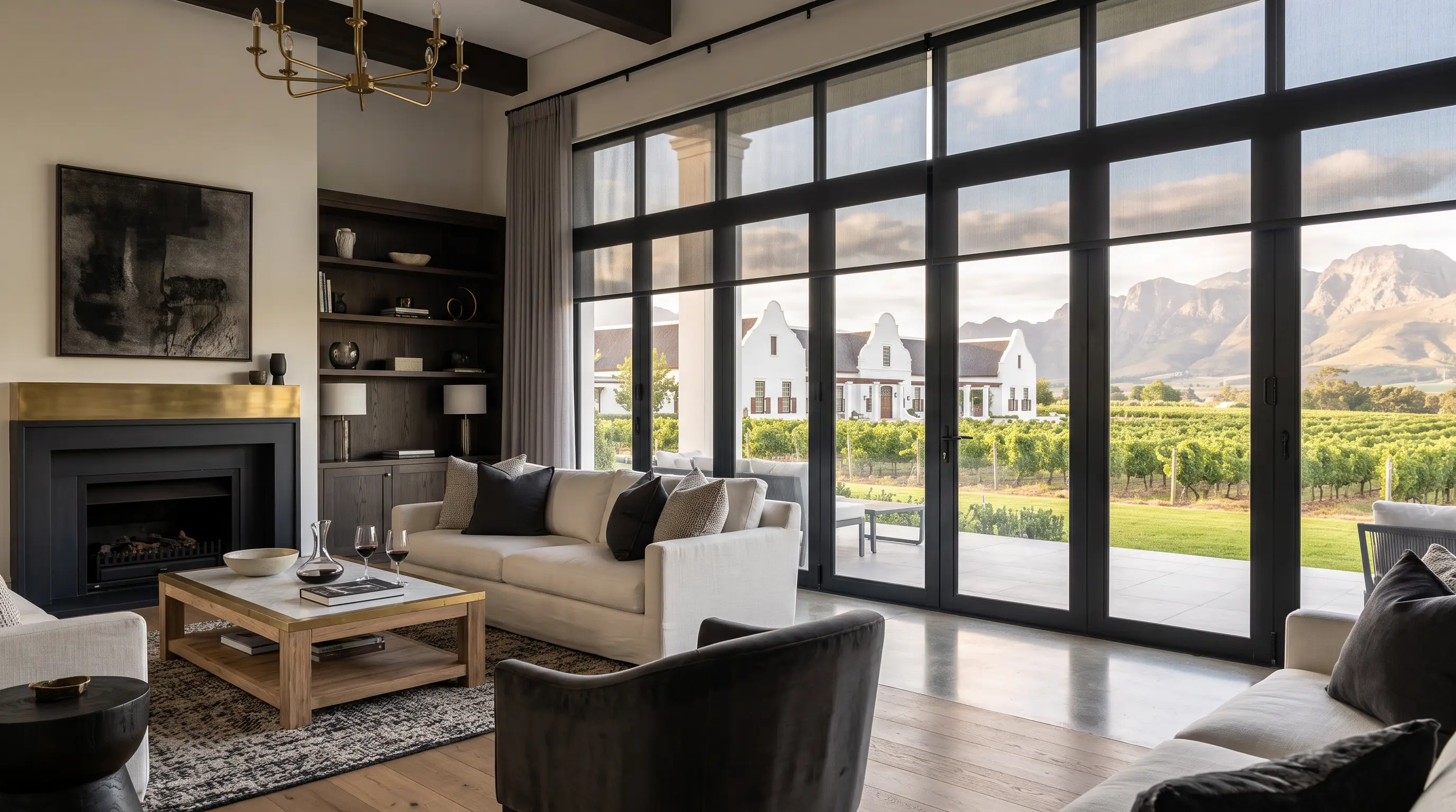 Elegant winelands estate home in Val de Vie with motorised blinds framing wide vineyard views