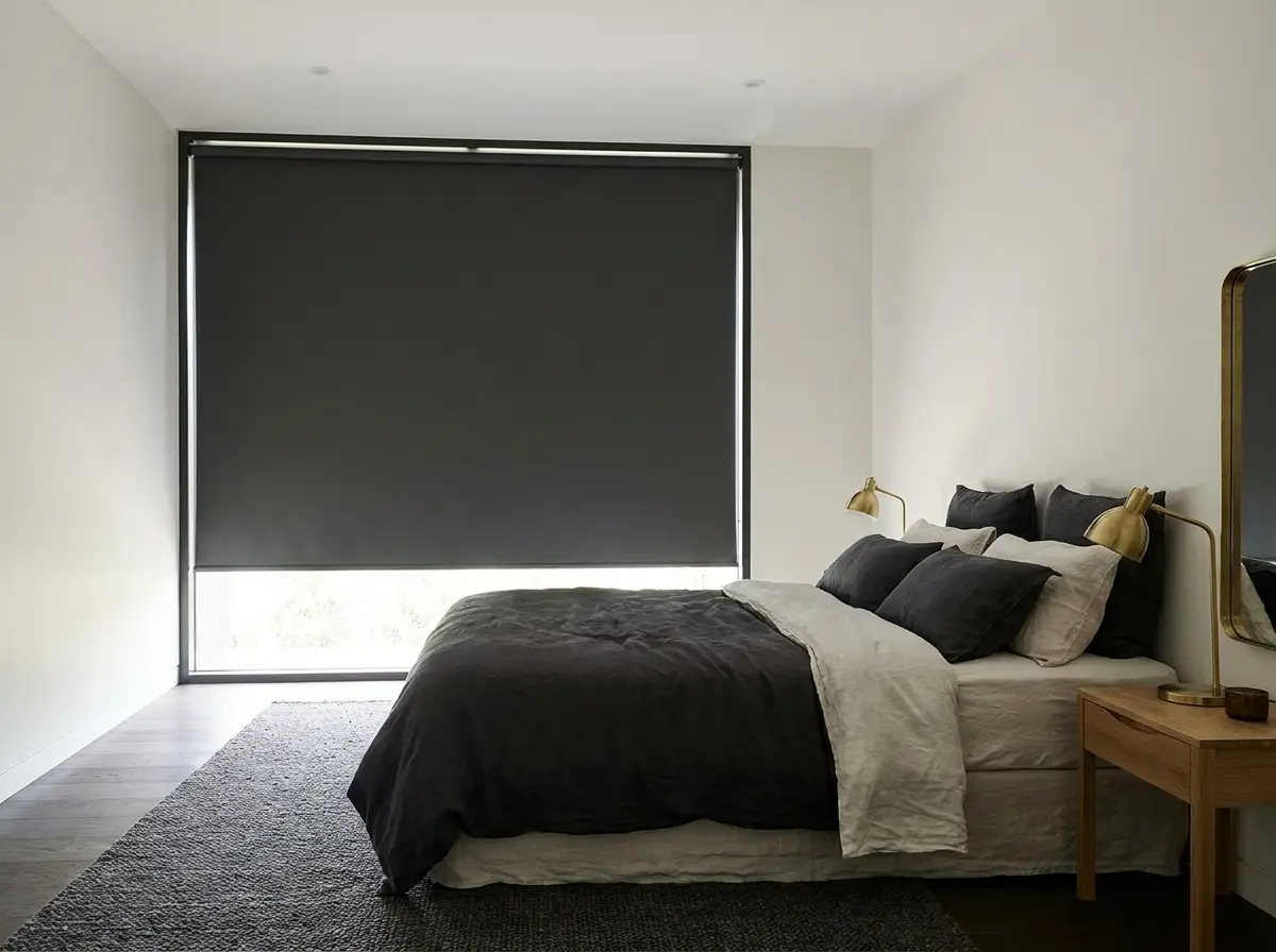 A blockout roller blind lowered over a Val de Vie main bedroom window, fitted with slim aluminium side channels for full darkness